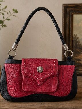 Enmon Genuine Leather Tooled Shoulder Bag | Red & Black Embossed Western Purse